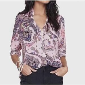 Express Womens Portofino Shirt Top Paisley Print Pink Button Up Down Floral sz S